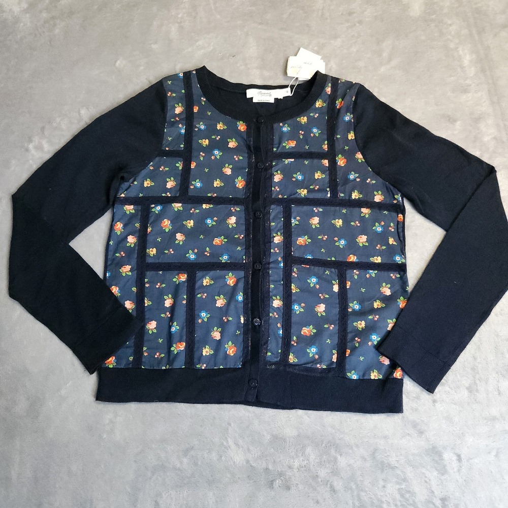 New $275 BONPOINT Girls 10 Patchwork Blue Cardigan Long Sleeve Sweater Cotton